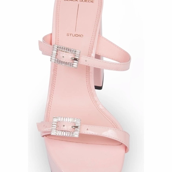 NEW Black Suede Studio Pink Patent Heels Elsie Platform Sandal Crystal Buckle 39 - Picture 2 of 11